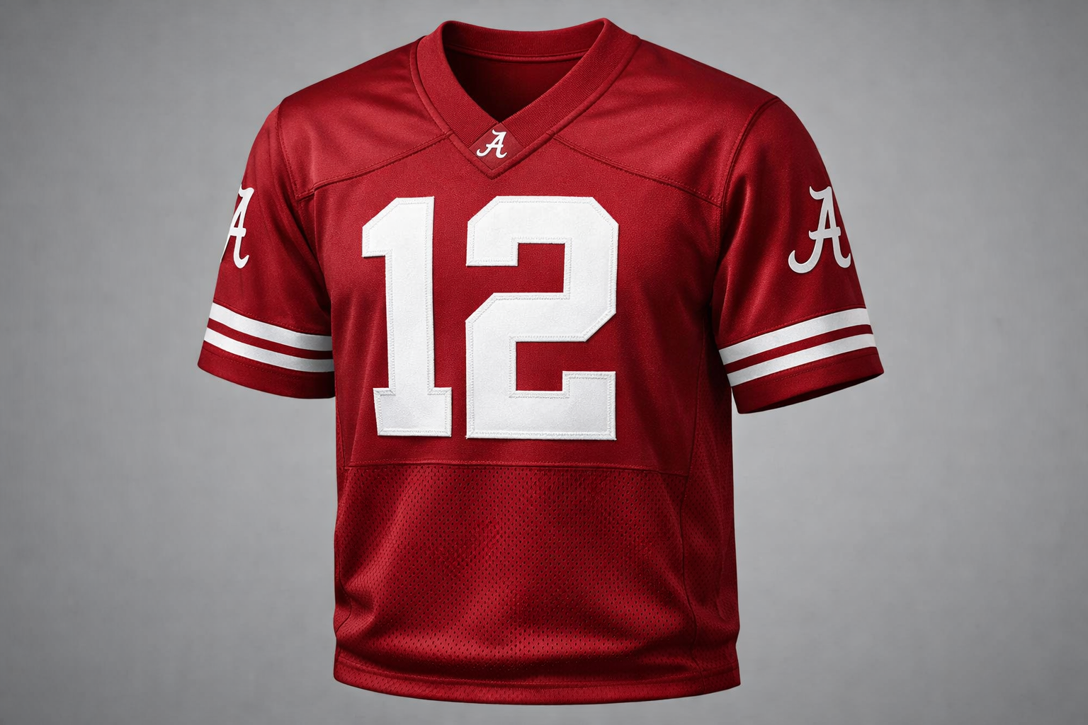 Classic crimson Alabama football jersey with white stitched numbers front view.