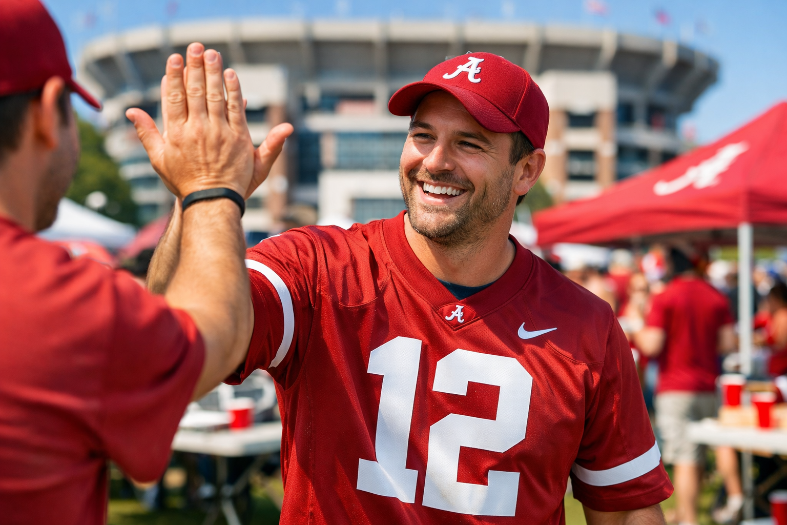 A fan wearing an Alabama football jersey cheering at a sunny stadium tailgate