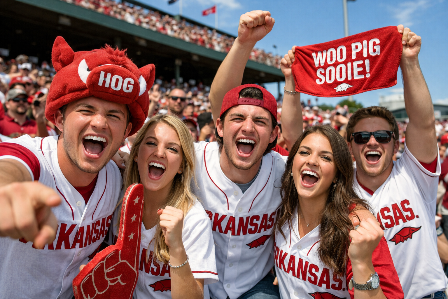 Fans wearing Arkansas Razorbacks jerseys cheering at a baseball stadium