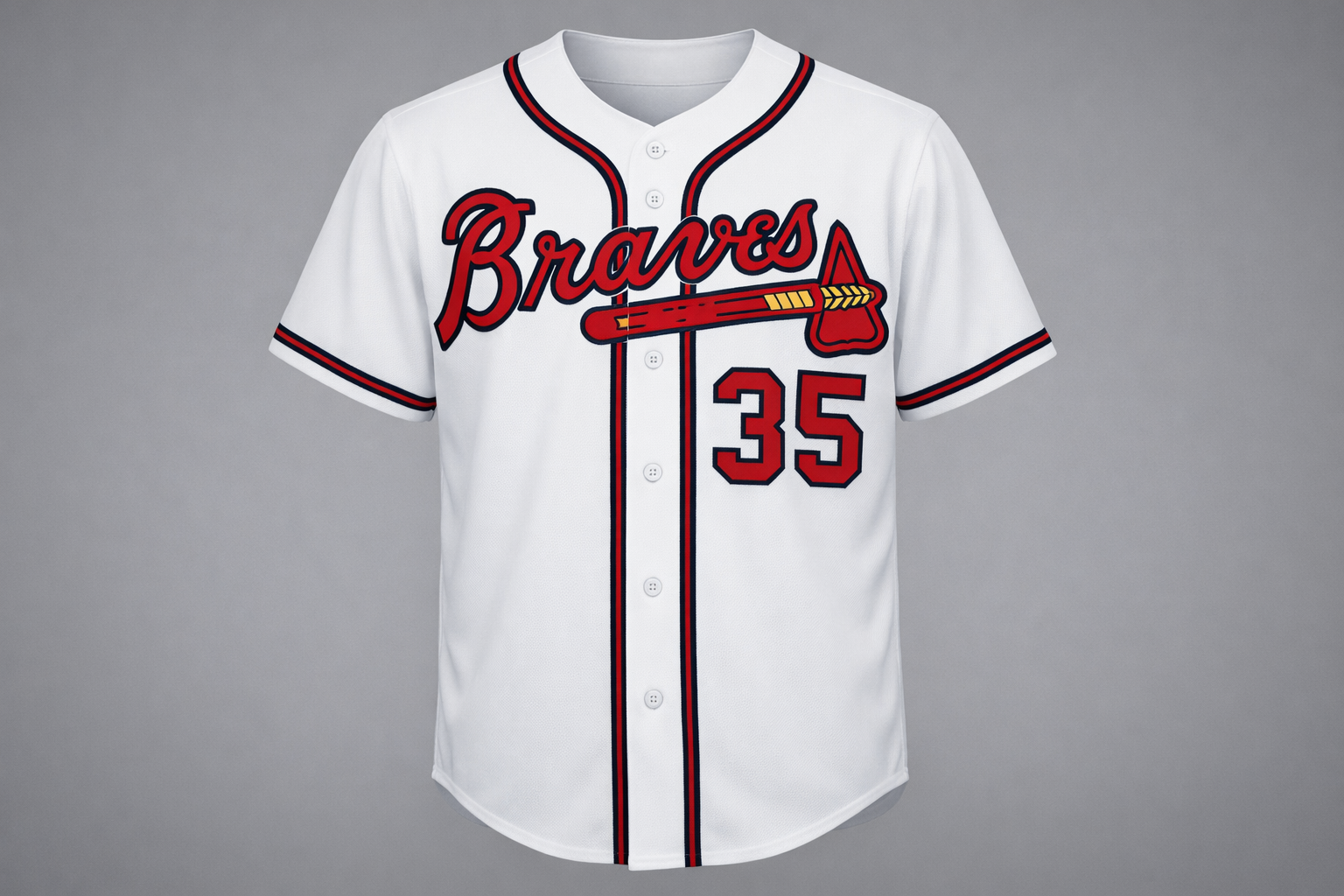 White Atlanta Braves home jersey with red stitched script and tomahawk logo.
