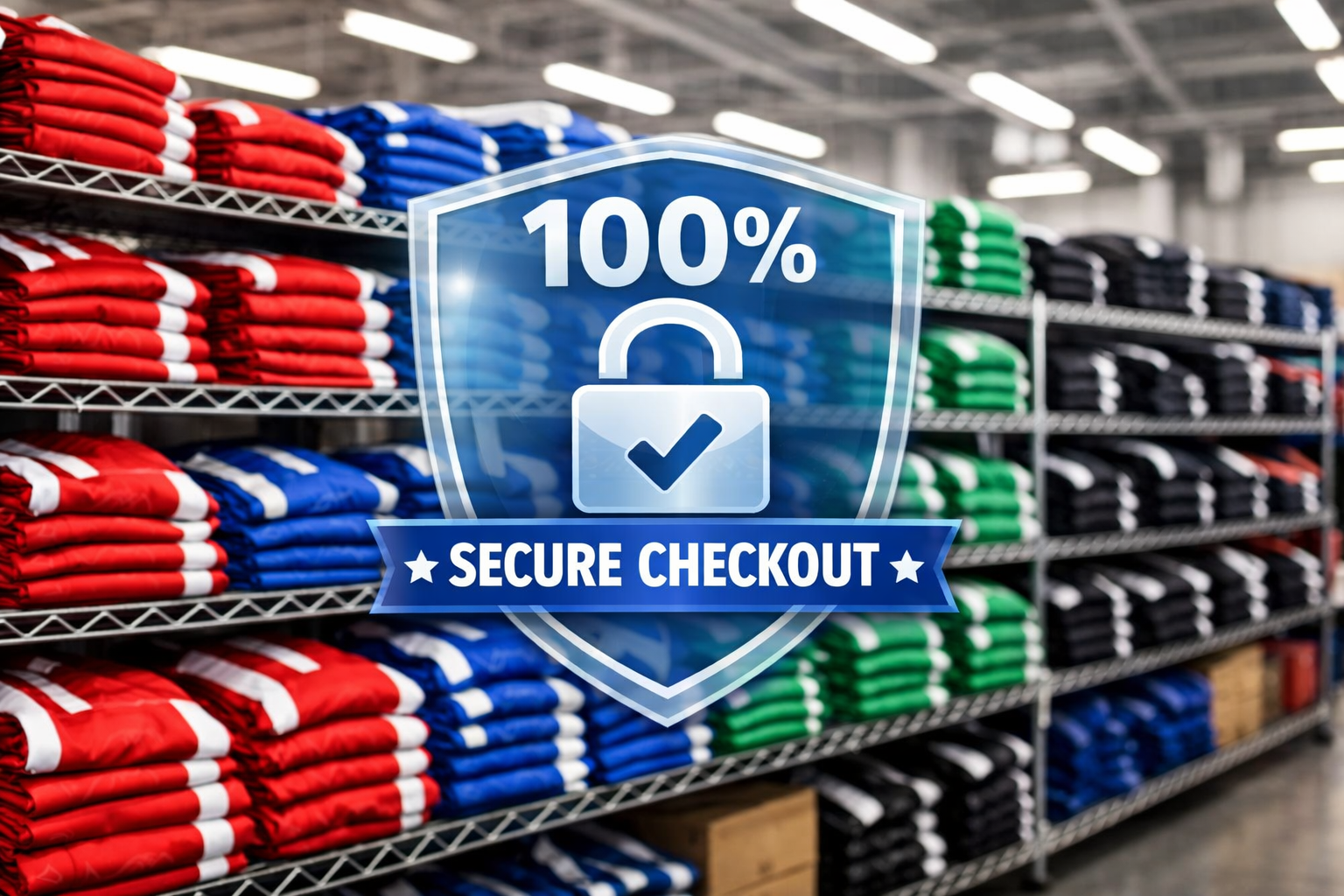 A colorful array of different NFL jerseys folded neatly on a shelf with a secure payment badge.