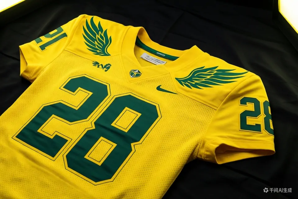 Oregon Ducks Jersey Evolution: From Eggshell to Black 4 Front view of a black Oregon Ducks jersey with yellow stitched numbers and green wings.