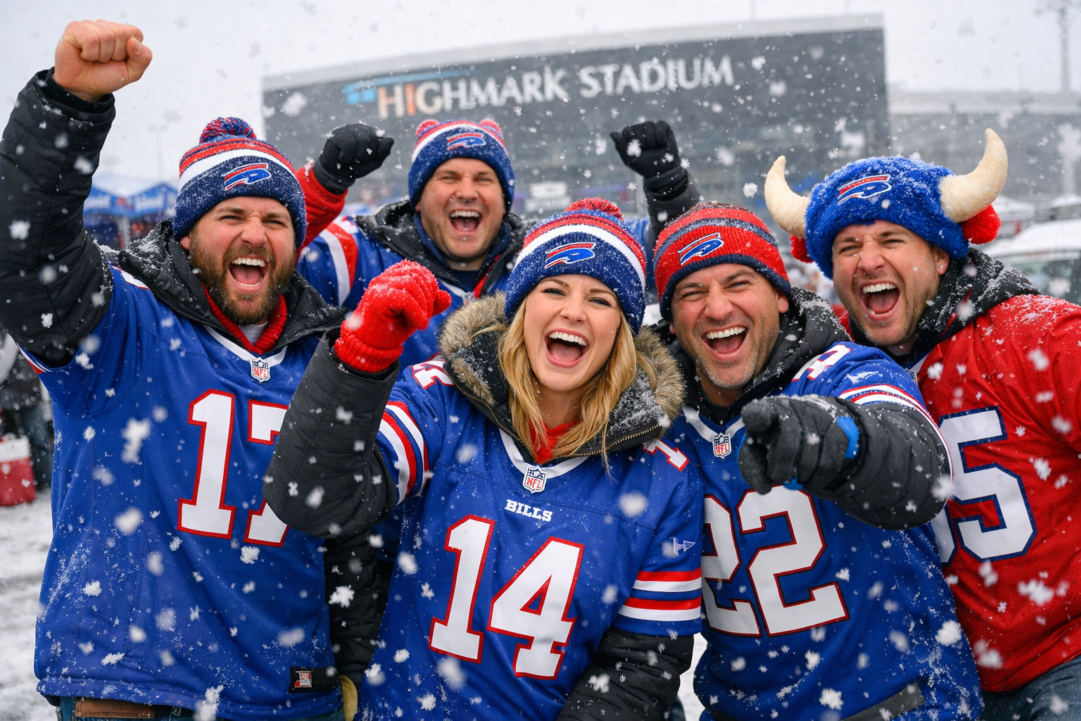 Fans wearing Buffalo Bills jerseys over heavy coats at a snowy stadium tailgate.