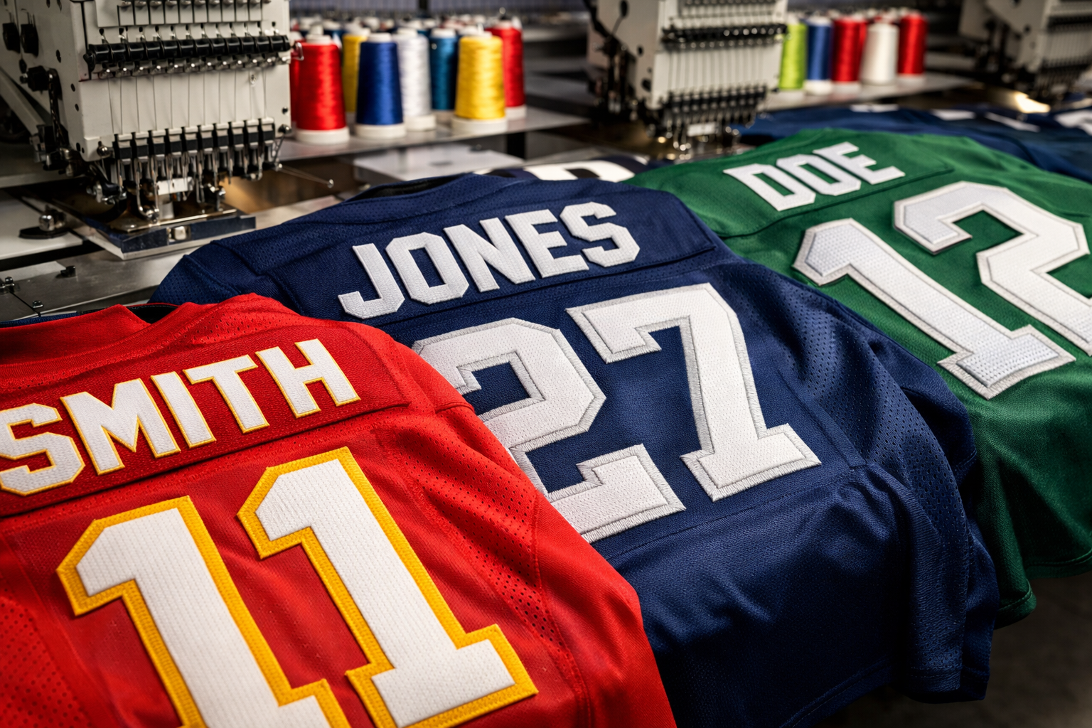 Buying Wholesale NFL Jerseys: A Guide for Resellers & Teams 3 Multiple custom jerseys being prepared with stitched tackle twill numbers.