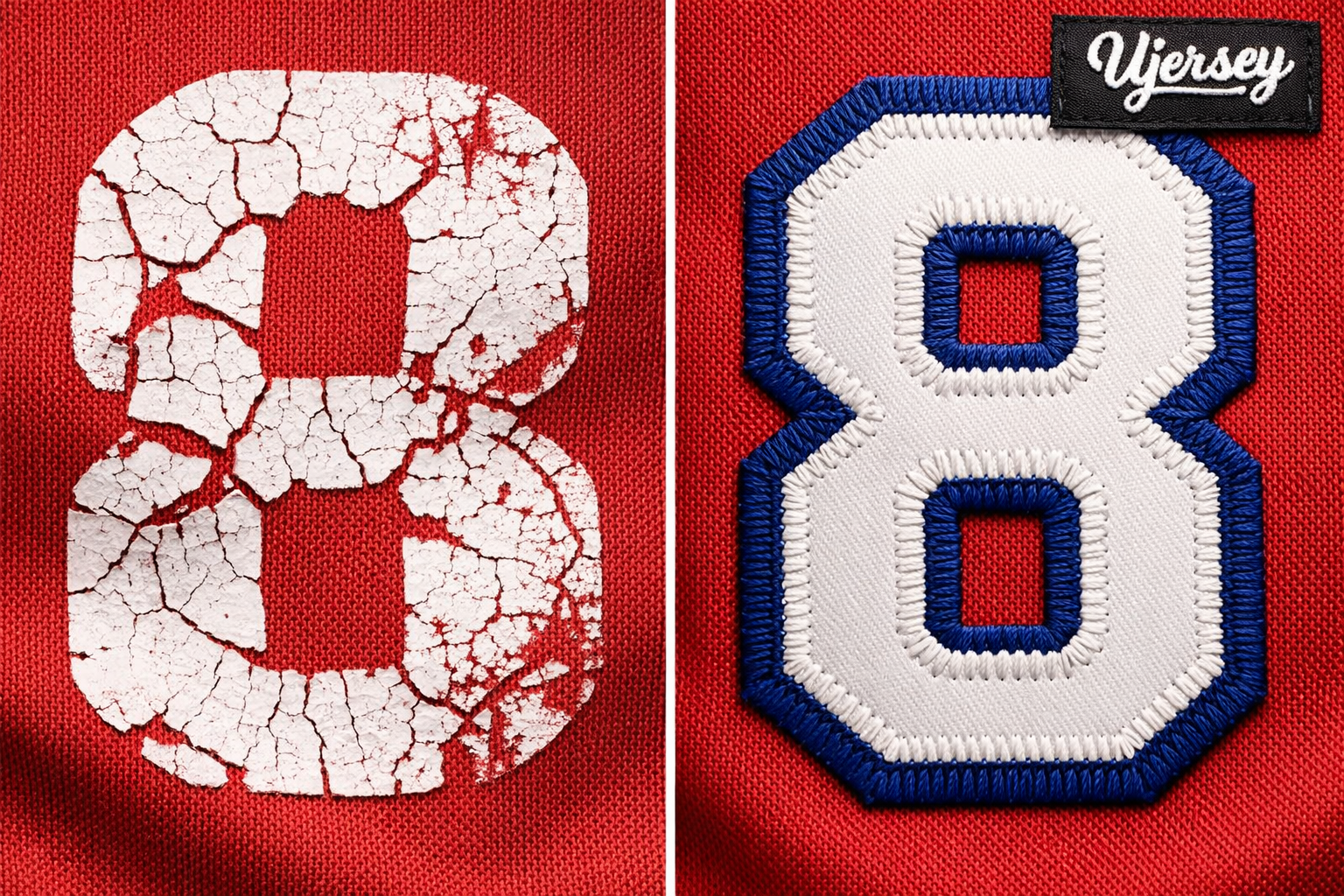 Side by side comparison of a stitched tackle twill jersey number and a cracked screen printed number.