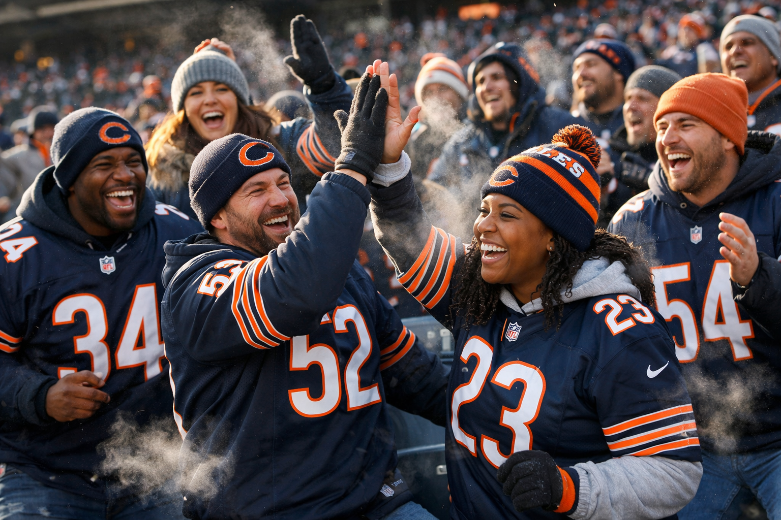 Fans wearing Chicago Bears jerseys cheering in the cold at Soldier Field