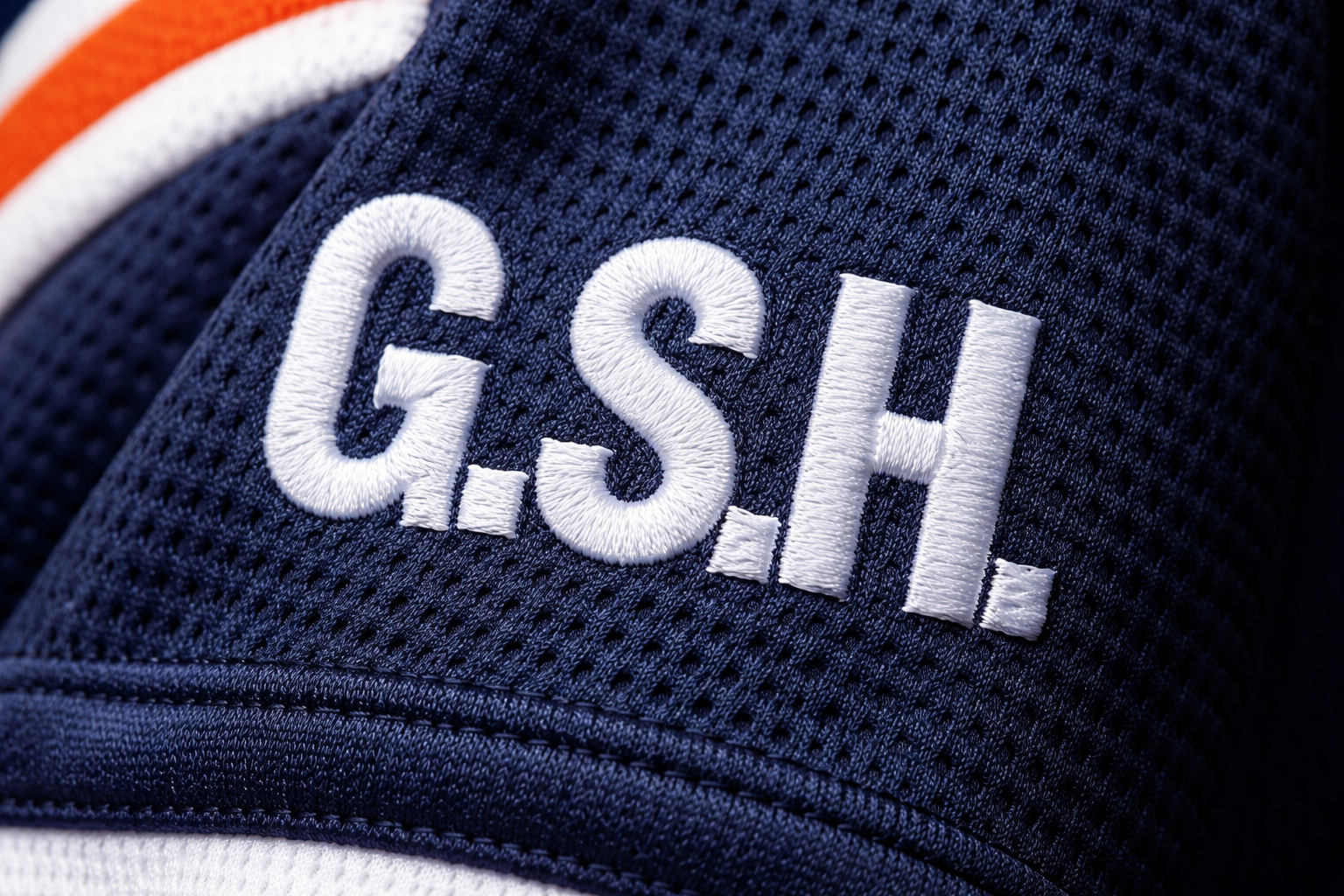 Close up of the G.S.H. initials stitched on a Chicago Bears jersey sleeve