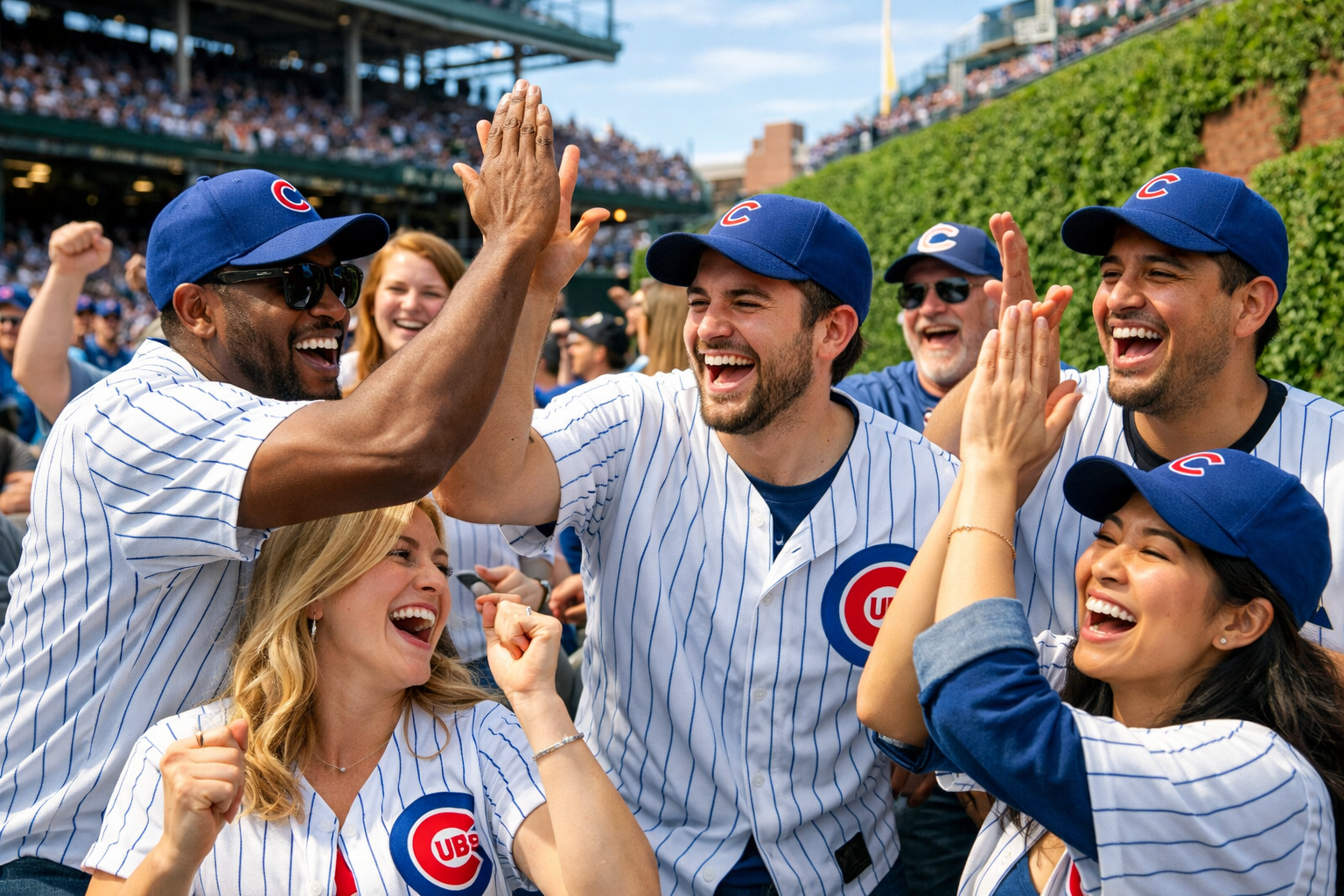 Fans wearing Chicago Cubs jerseys cheering at Wrigley Field
