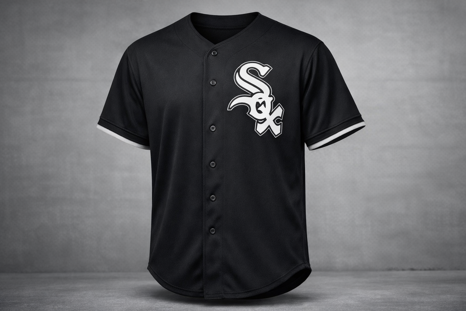 Black Chicago White Sox jersey with silver stitched Sox logo front view