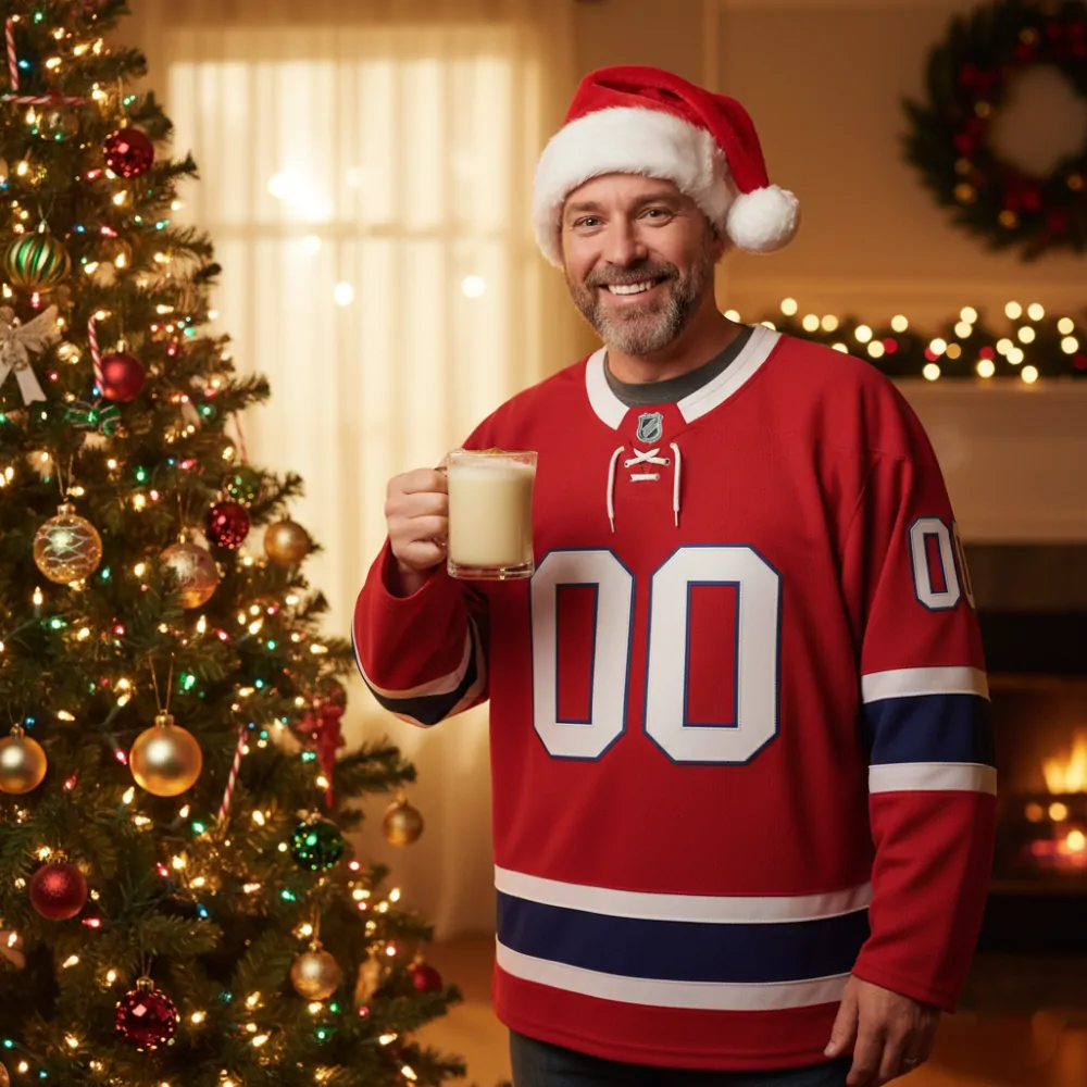 A fan wearing a Griswold hockey jersey during a Christmas party