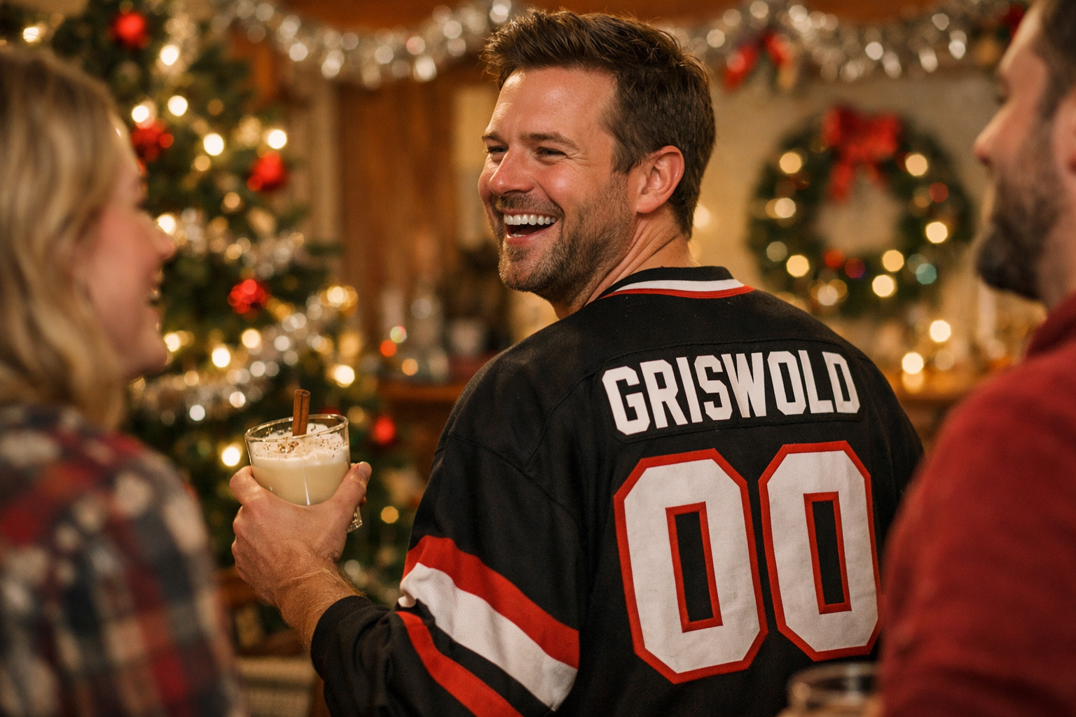 A group of friends laughing at a holiday party with one man wearing a Griswold hockey jersey