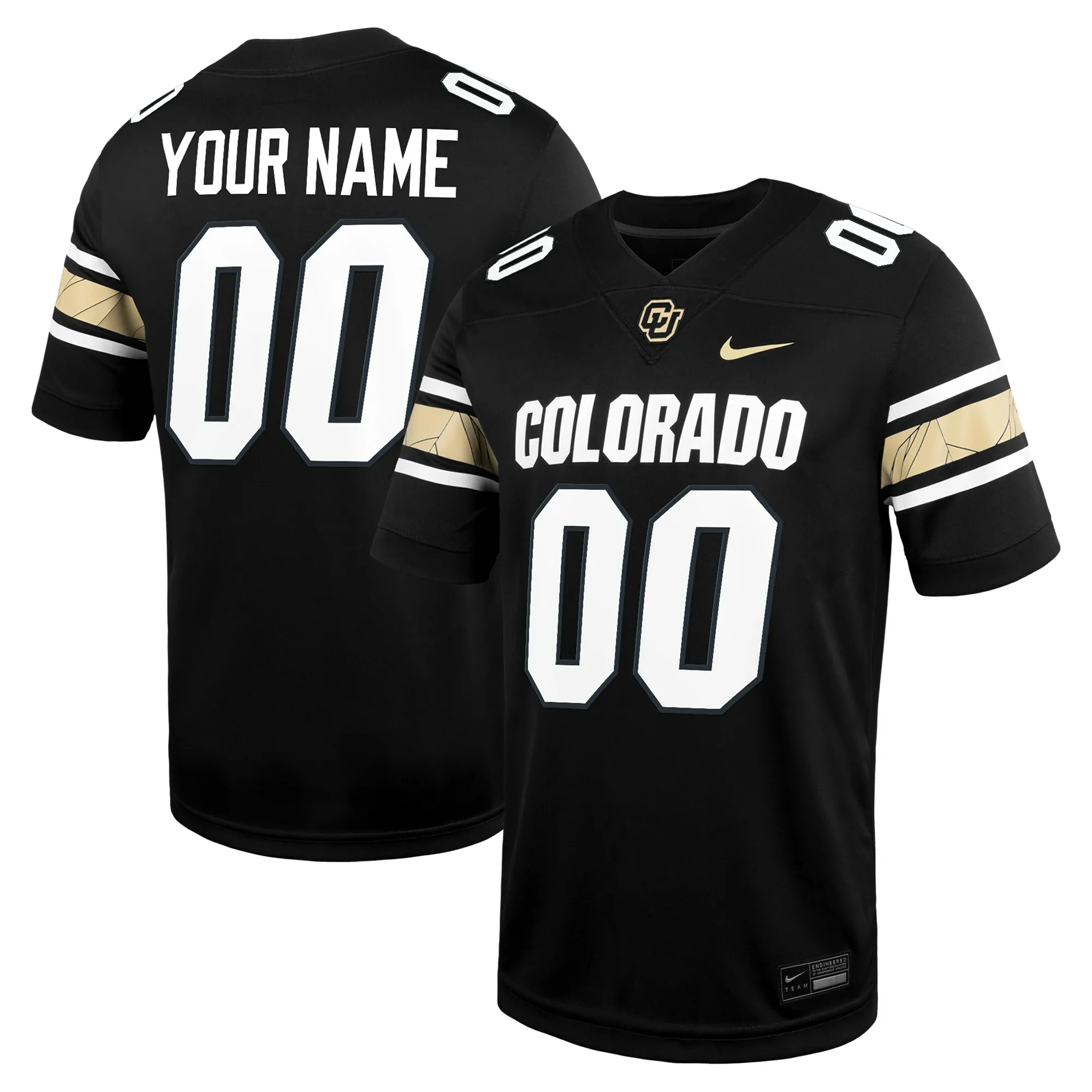 Detailed view of a stitched Colorado Buffaloes football jersey