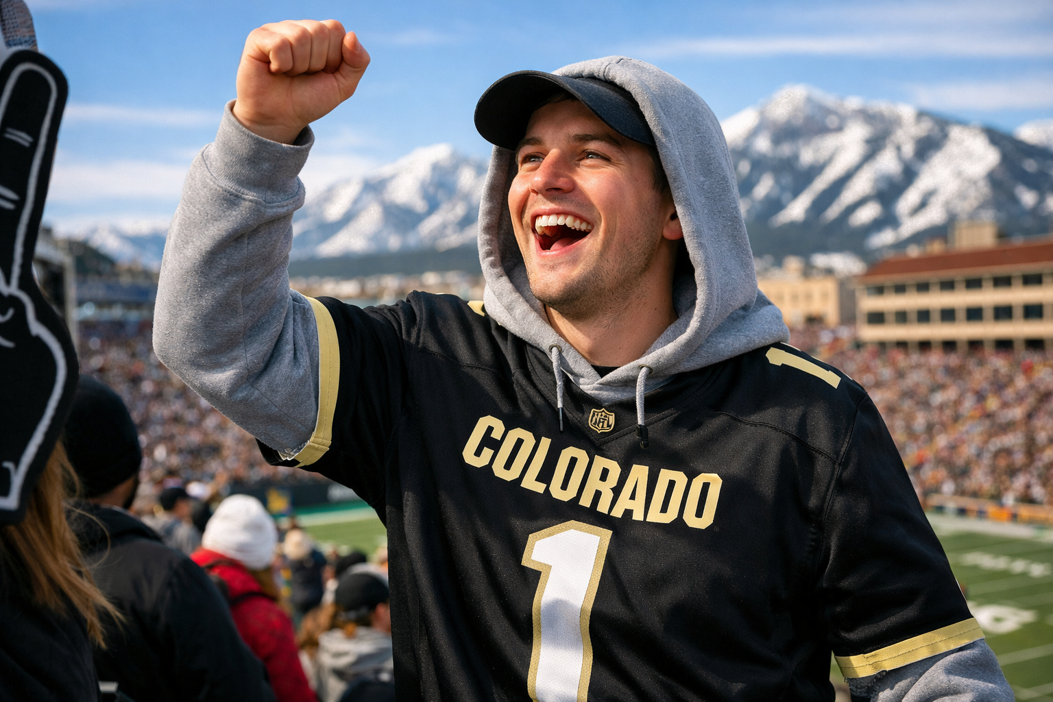 A fan wearing a Colorado Buffaloes jersey over a hoodie at a football stadium.