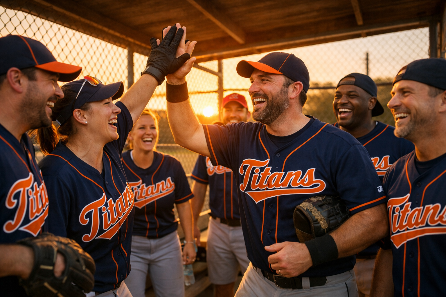 A group of softball players in matching custom stitched jerseys high-fiving on the field
