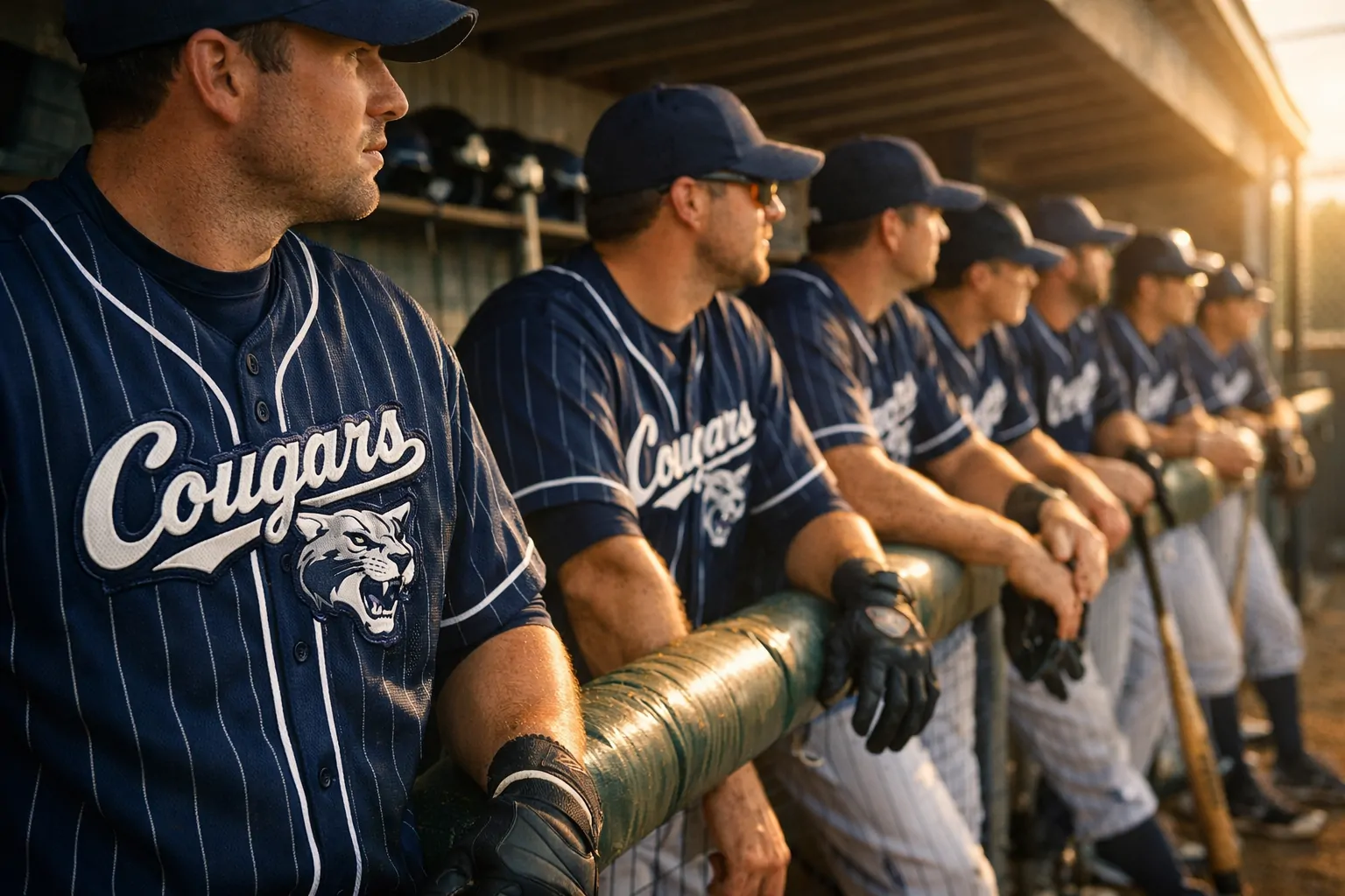 A group of baseball players wearing matching custom stitched baseball jerseys.