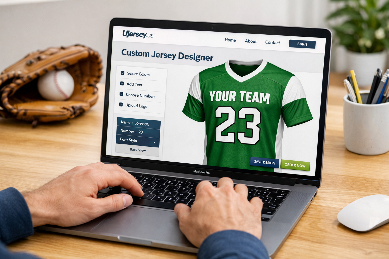 Custom Softball Jerseys: Stitched Gear for Beer Leagues 4 Person using a laptop to design a custom team jersey on Ujersery.us.