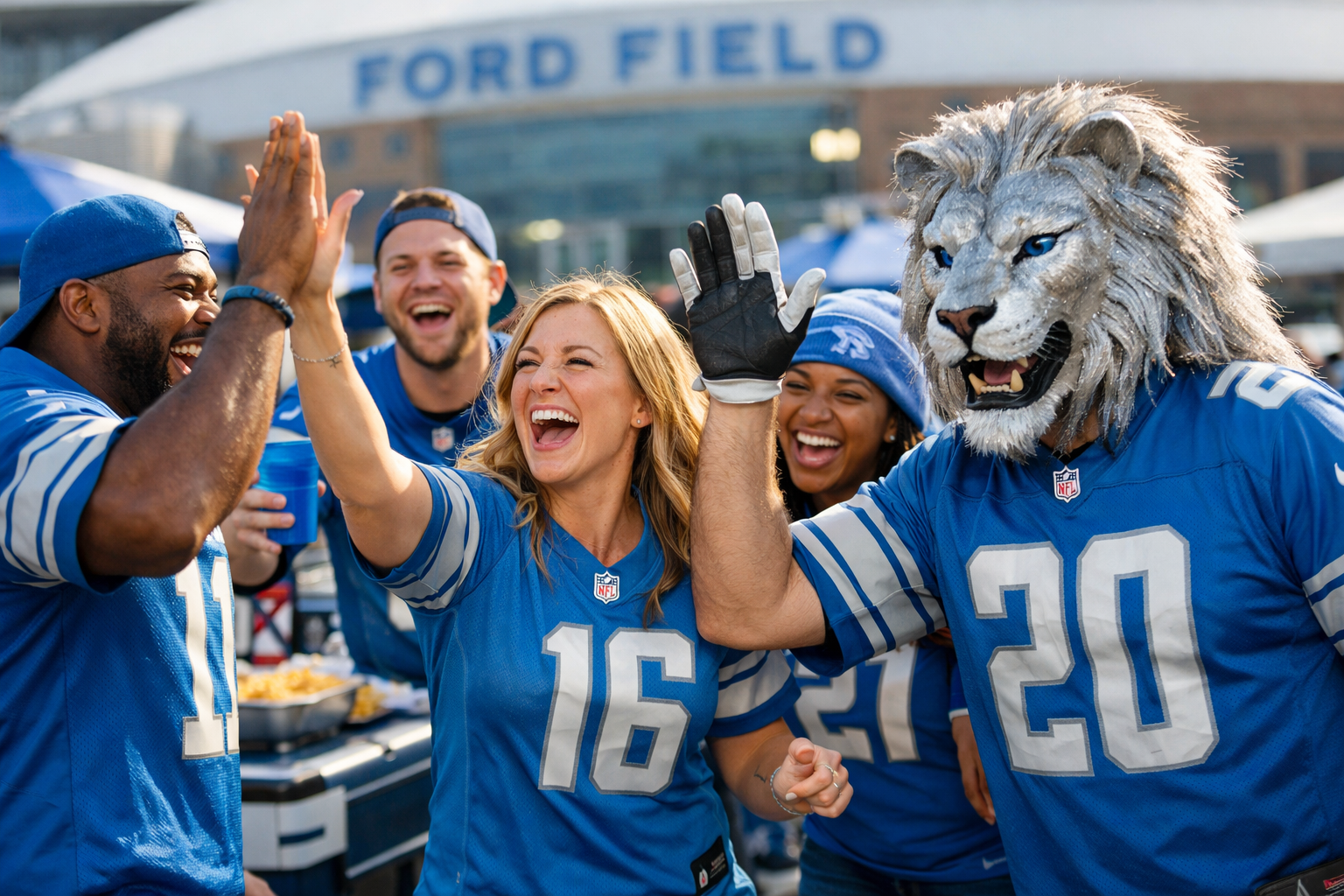 Fans wearing Detroit Lions jerseys cheering at a football stadium tailgate