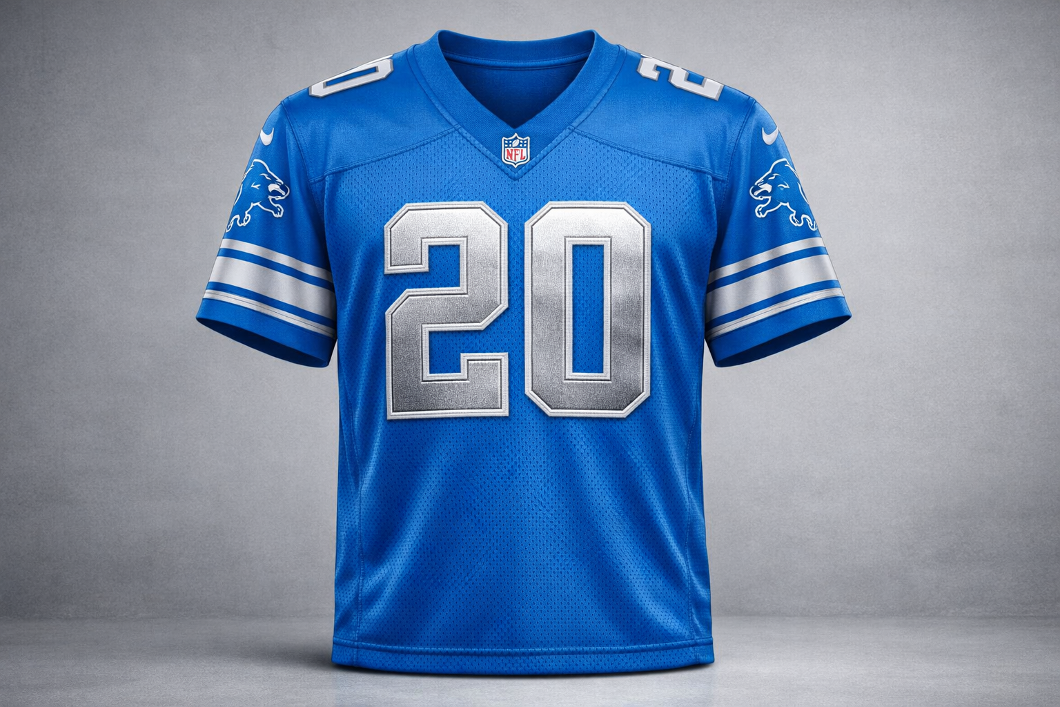 Honolulu Blue Detroit Lions jersey with silver stitched numbers front view