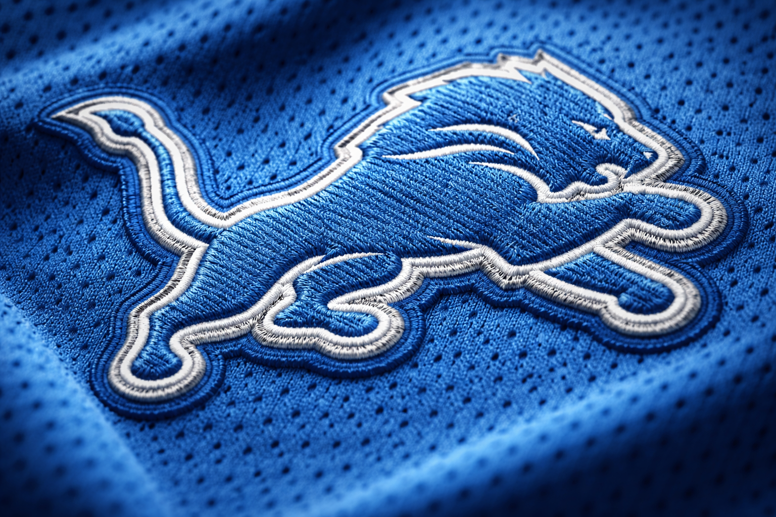  Macro close up of the silver stitched Lions logo on a blue jersey.