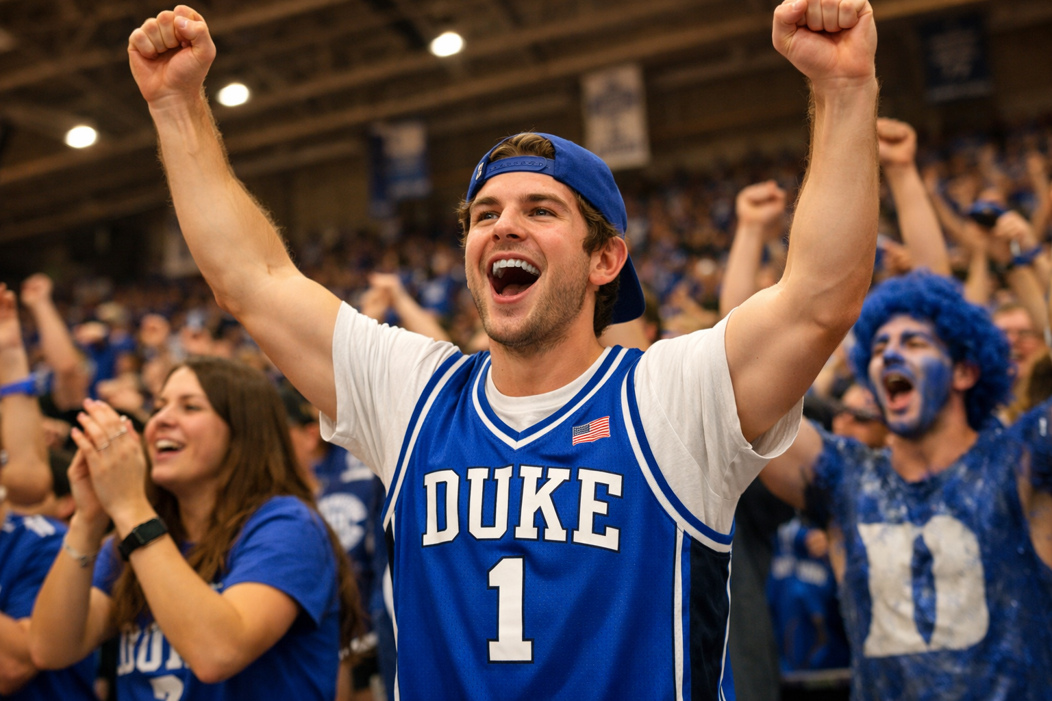 A fan wearing a Duke basketball jersey cheering at an indoor basketball arena.