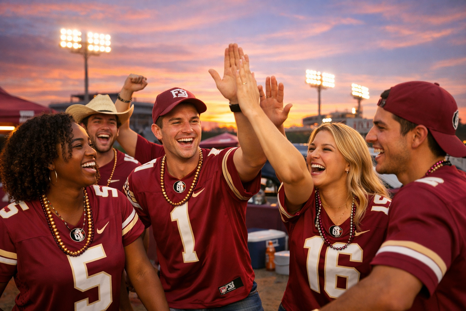 Happy fans wearing Florida State jerseys at a football game tailgate.