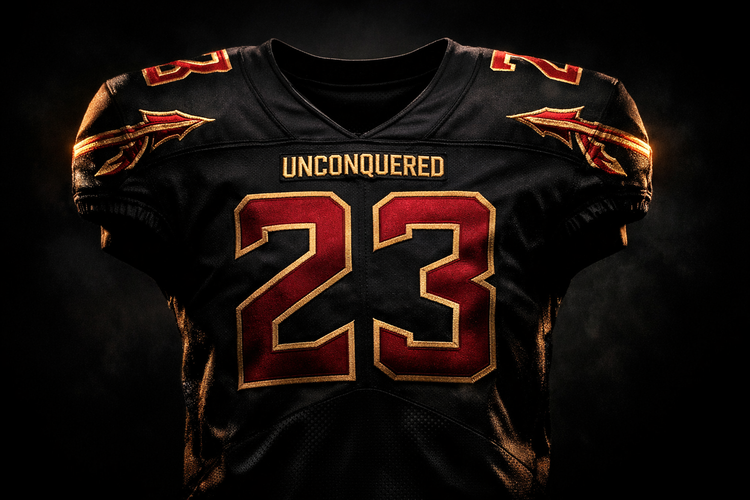 Black Florida State football jersey with garnet stitched numbers and gold accents