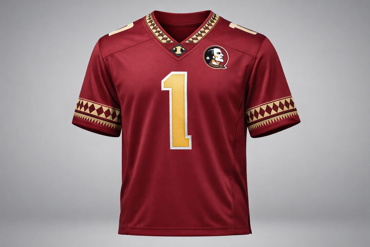 Stitched FSU football jersey in garnet and gold colorway.