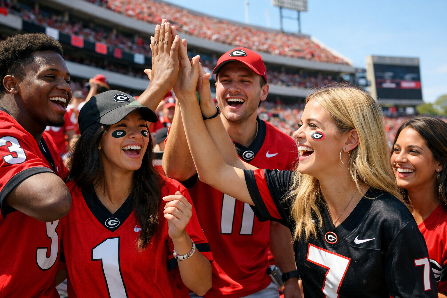 Fans wearing Georgia Bulldogs jerseys cheering at Sanford Stadium.