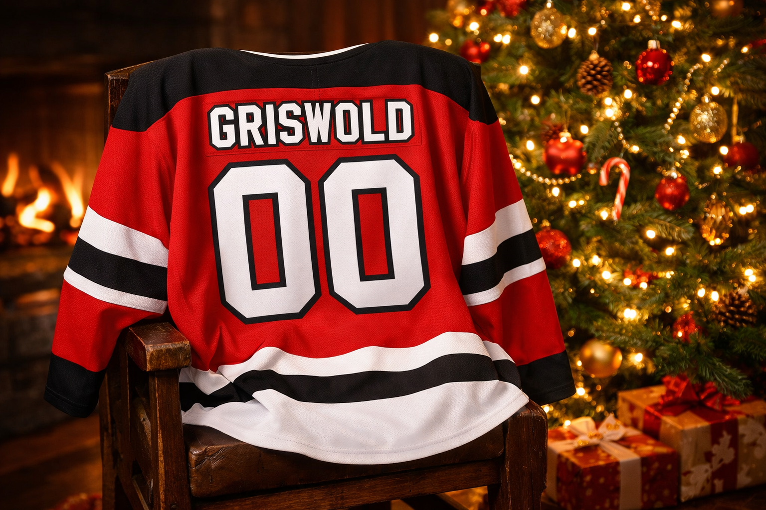 A Clark Griswold style hockey jersey with number 00 hanging next to a lit Christmas tree.