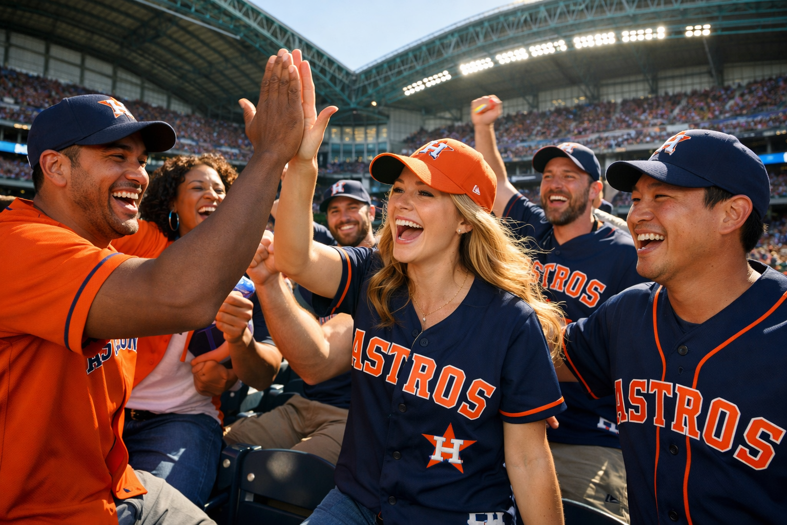 Fans wearing Houston Astros jerseys cheering at a modern baseball stadium.