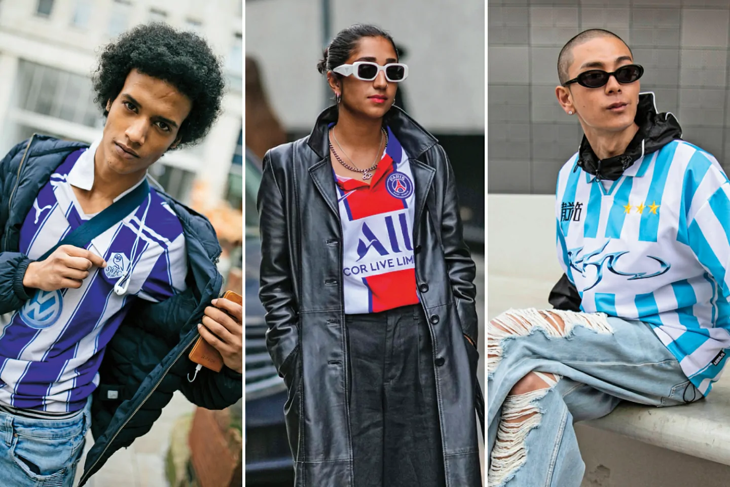 Man wearing oversized throwback NFL jersey with baggy denim and sneakers