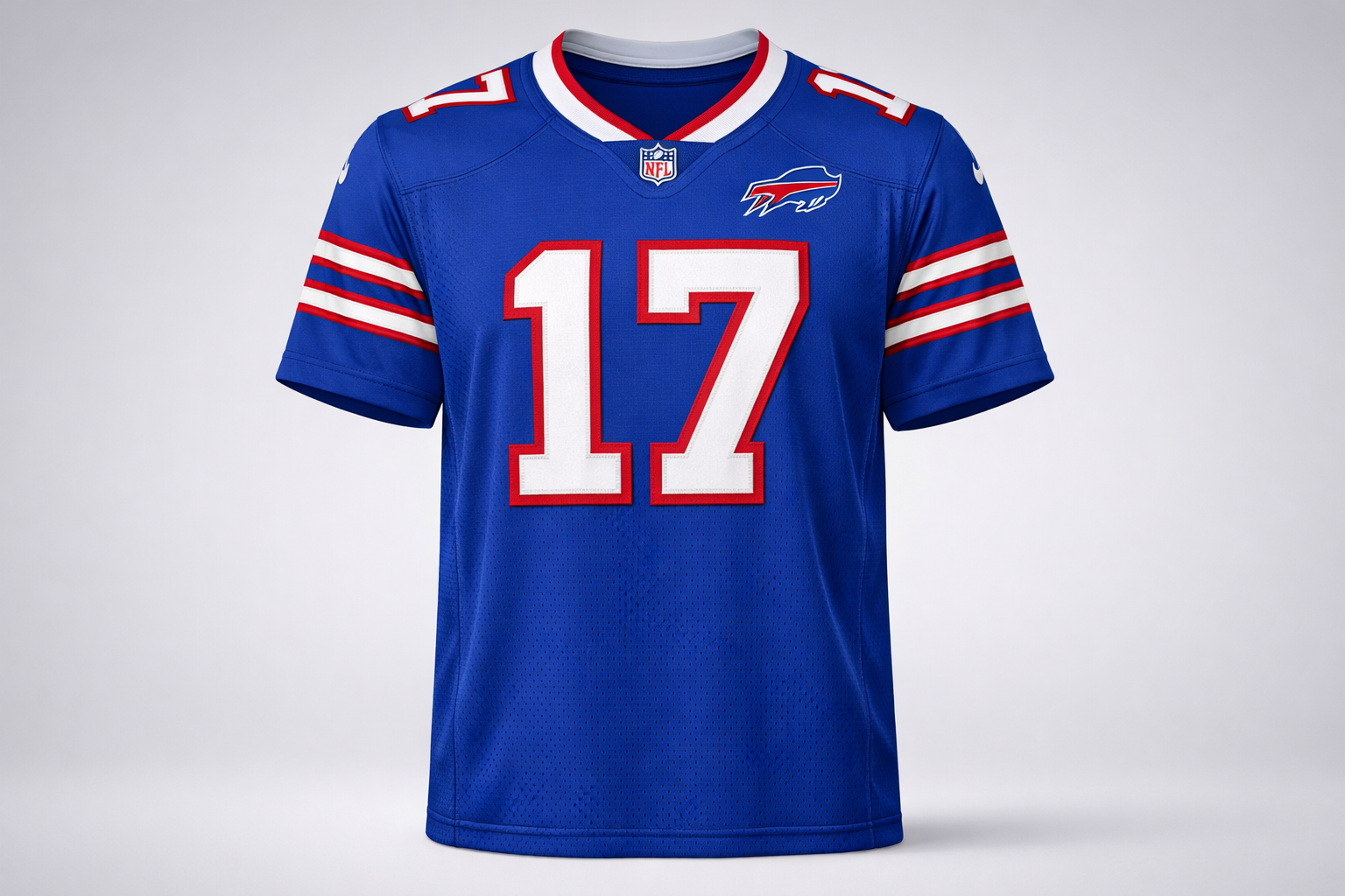 Royal blue Buffalo Bills jersey with Josh Allen number 17 stitched front view.