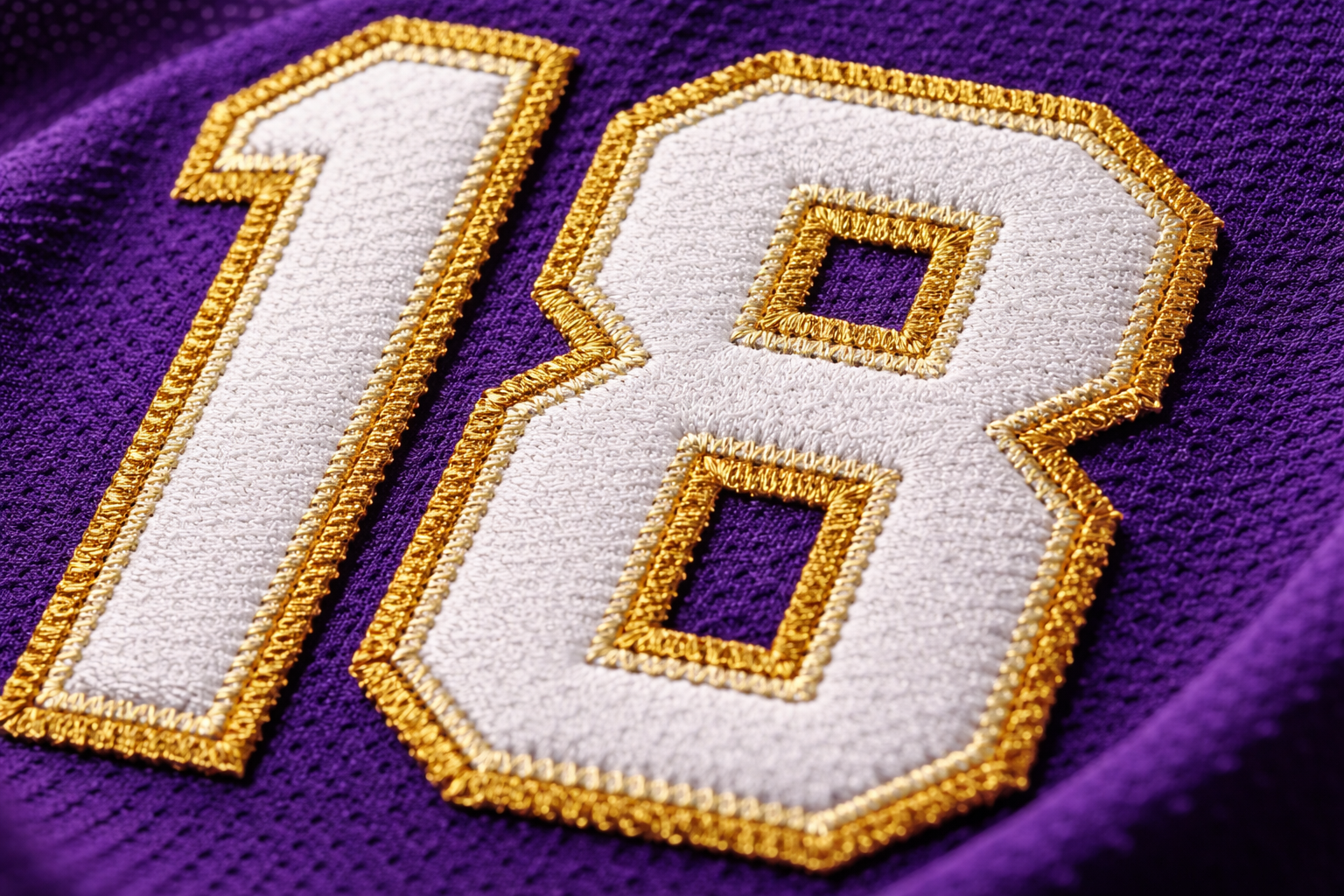 Close up of the stitched number 18 on a Minnesota Vikings jersey