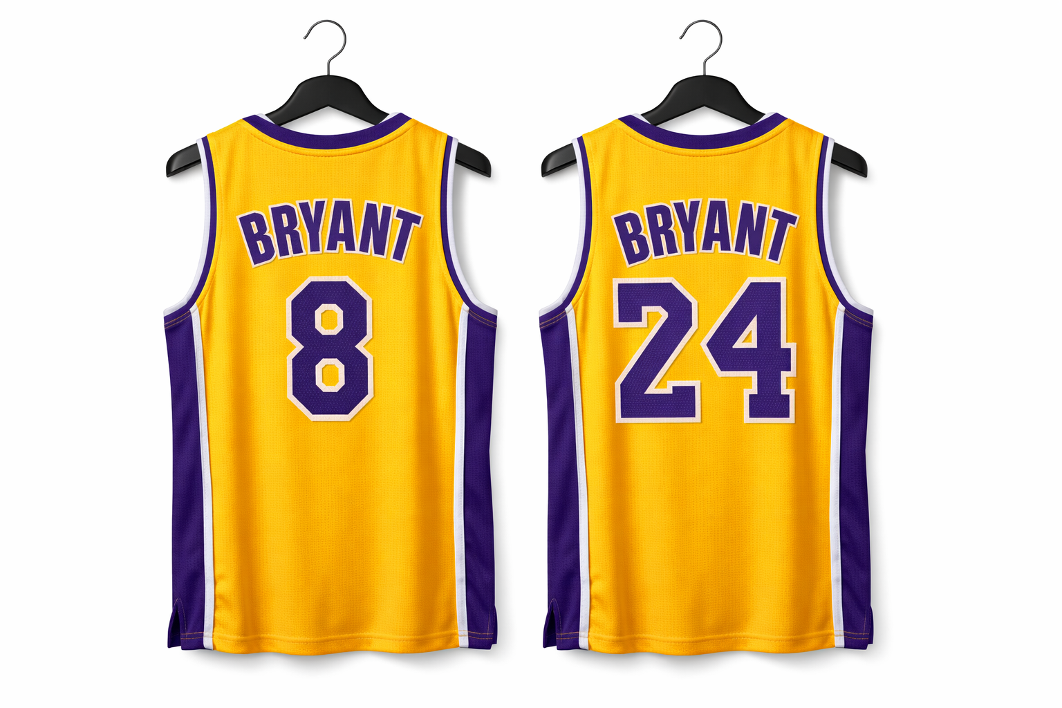 Side by side comparison of Kobe Bryant #8 and #24 Los Angeles Lakers jerseys