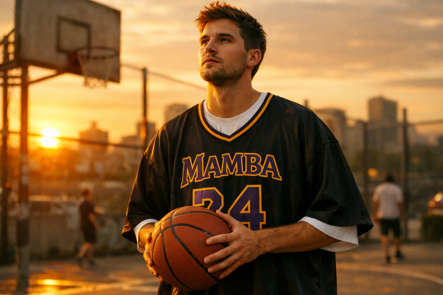 A fan wearing a Kobe Bryant Black Mamba jersey at an outdoor basketball court.