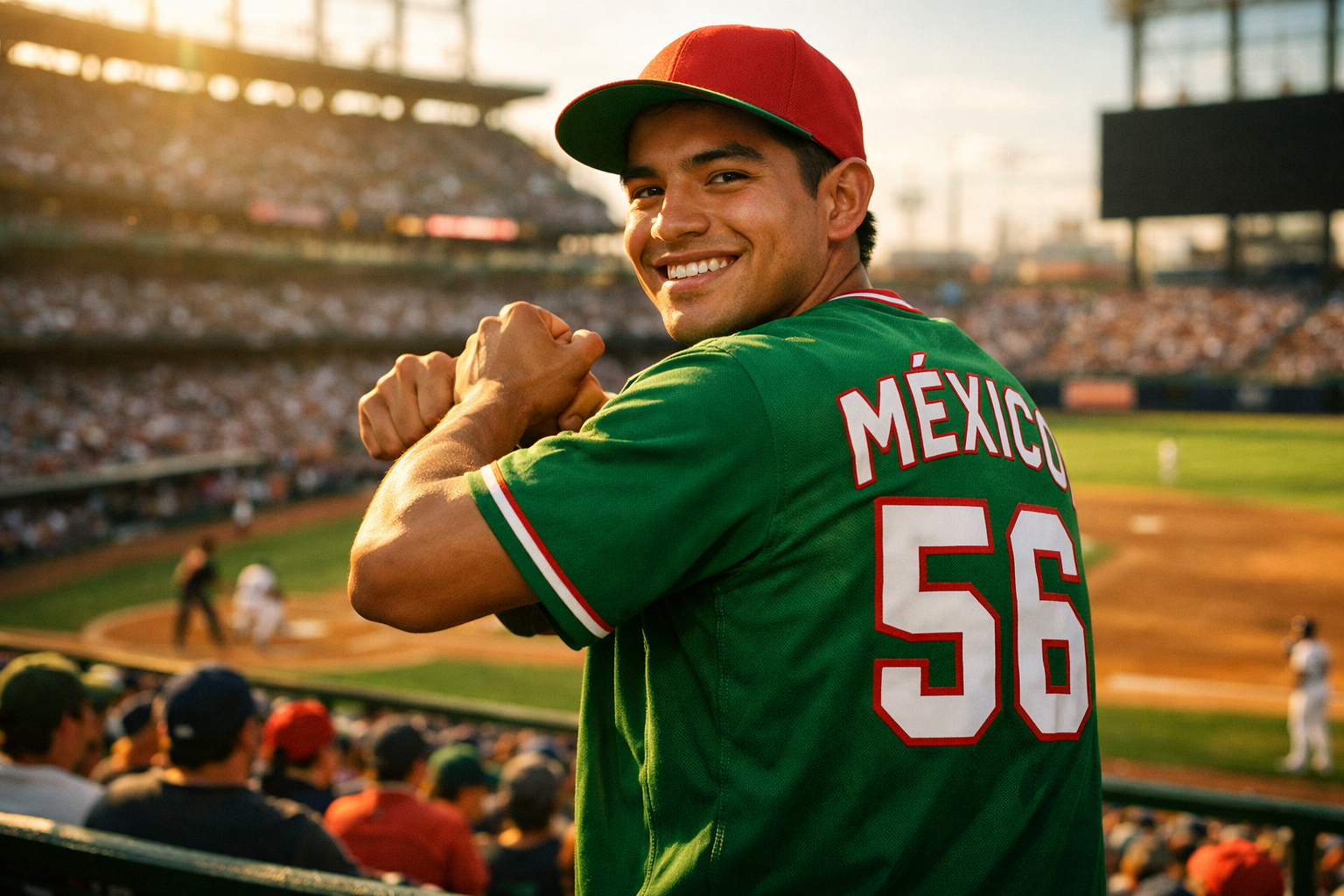 Fan wearing a Mexico baseball jersey performing the famous arms-crossed pose at a stadium.