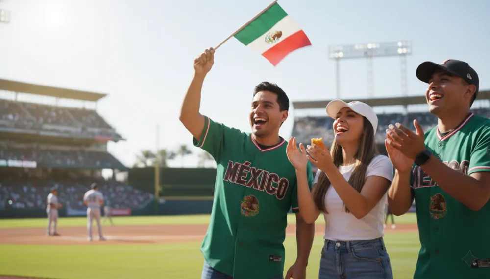 Fan wearing a Mexico baseball jersey at a stadium game