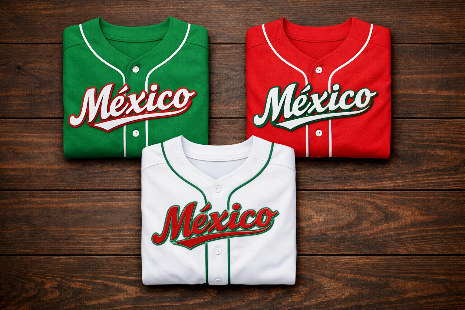 Three Mexico baseball jerseys in green red and white colors laid out on a wooden surface.