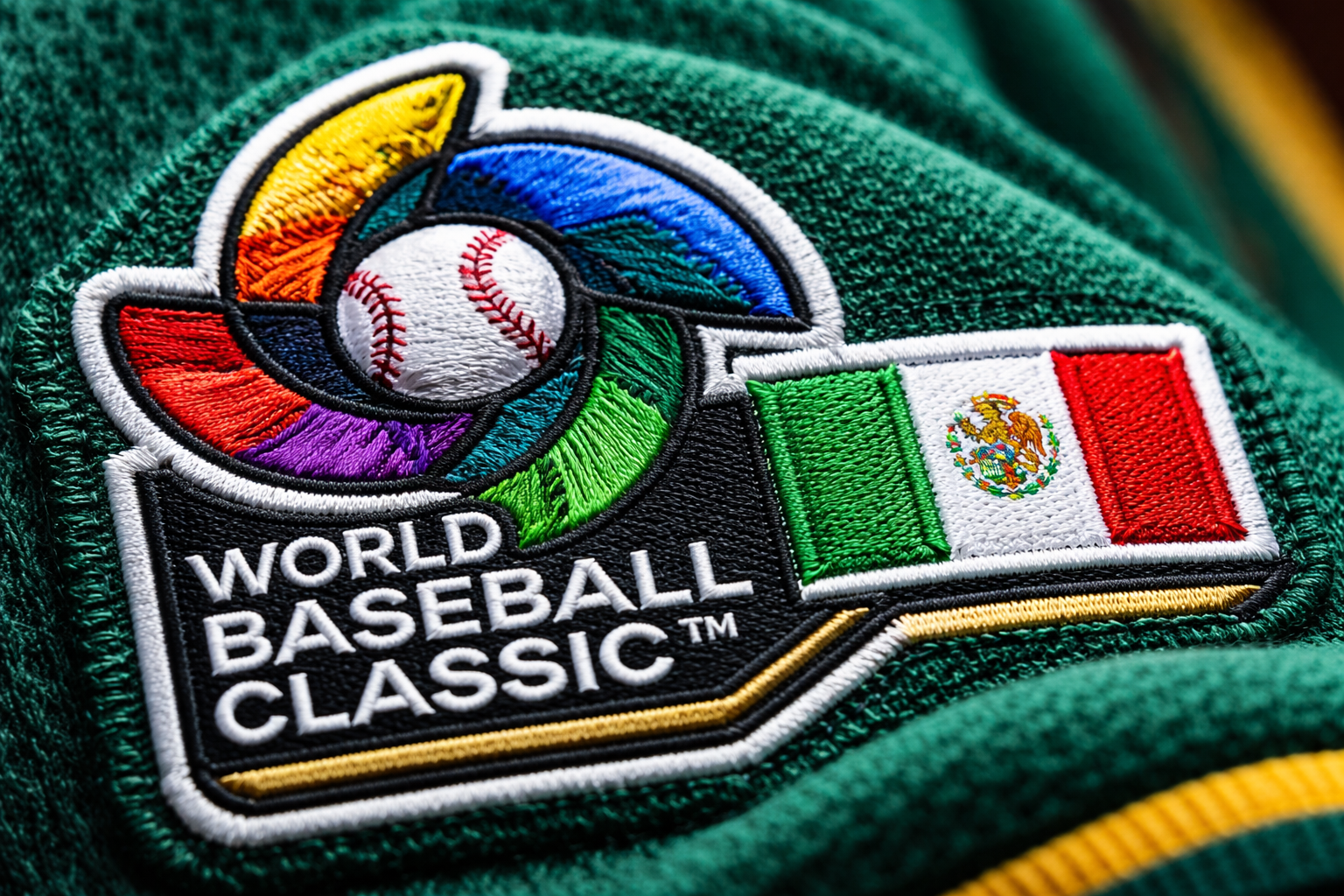 Green Mexico World Baseball Classic jersey with stitched white and red lettering.