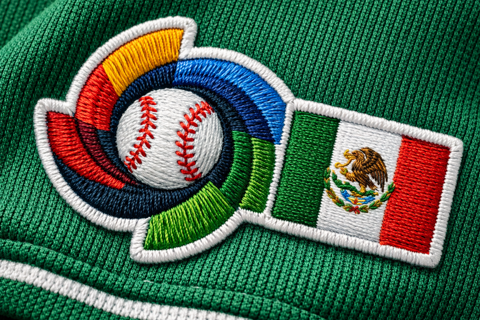 Close up of the embroidered WBC patch and flag on a Mexico baseball jersey sleeve.
