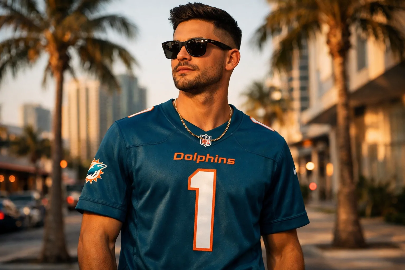 Fan wearing the Dolphins Pitch Blue jersey styled with streetwear fashion.