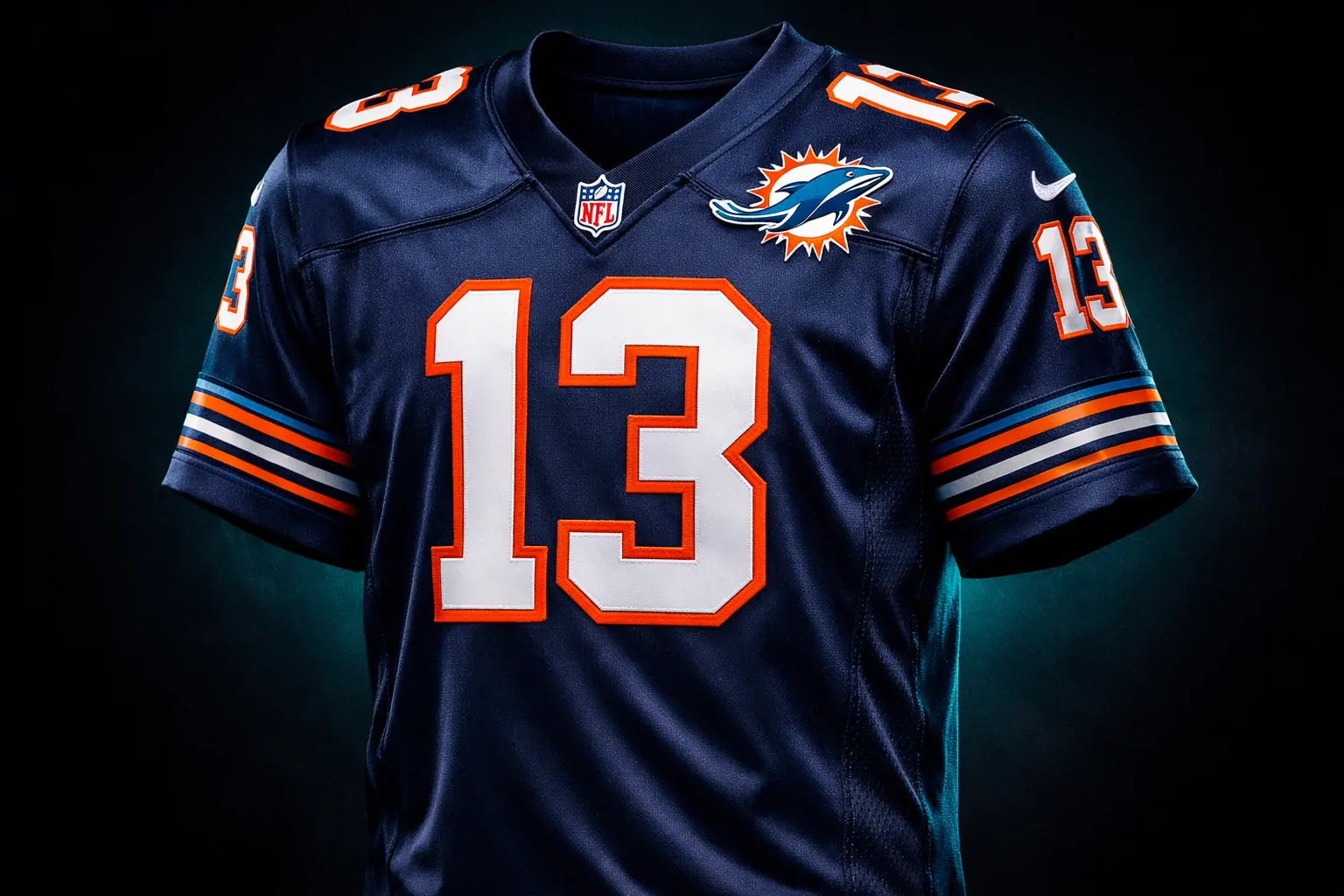 Miami Dolphins Pitch Blue Rivalry Jersey front view with neon orange accents.