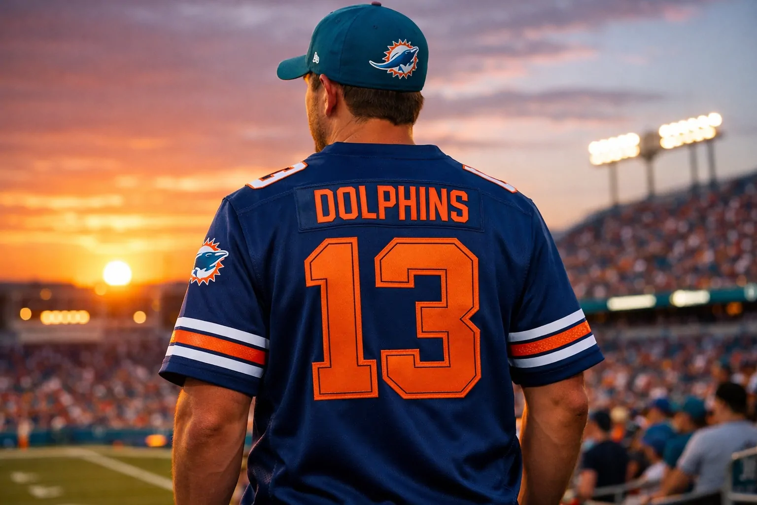 A fan wearing the 2025 Miami Dolphins Rivalry Collection jersey