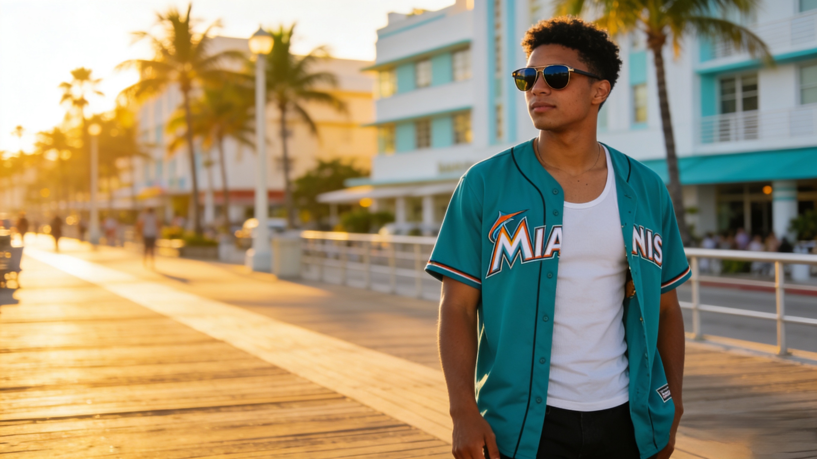 A fan wearing a vibrant Miami Marlins jersey walking near South Beach
