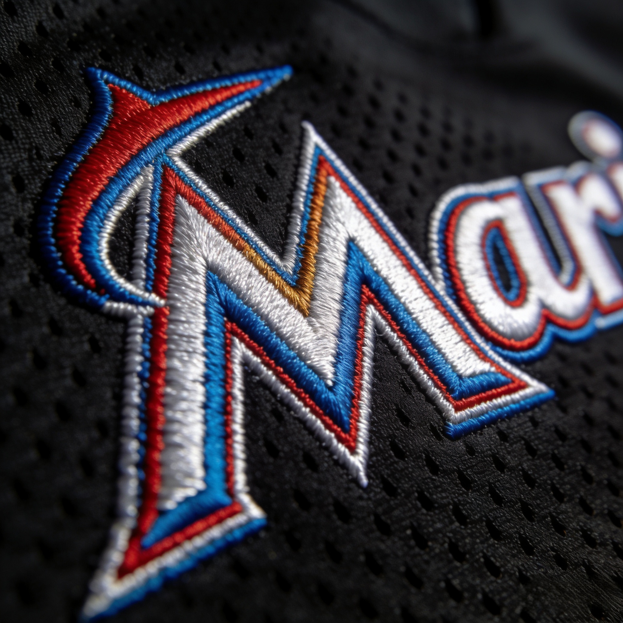 Macro close up of the stitched teal and black logo on a Miami Marlins jersey