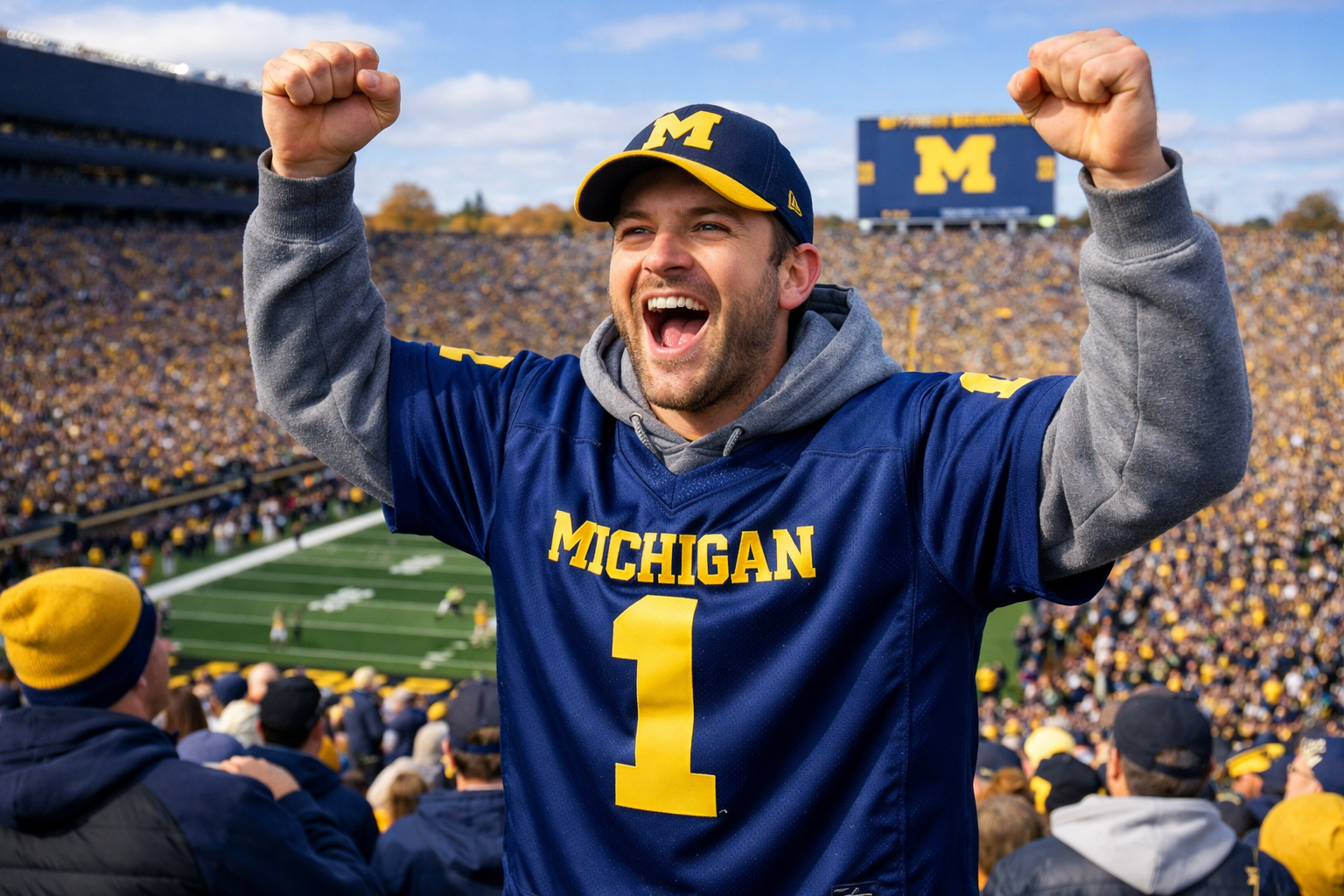 A fan wearing a Michigan football jersey cheering at a packed stadium.