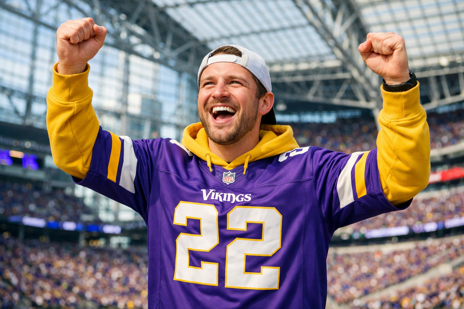 A fan wearing a Vikings jersey cheering at a football stadium.
