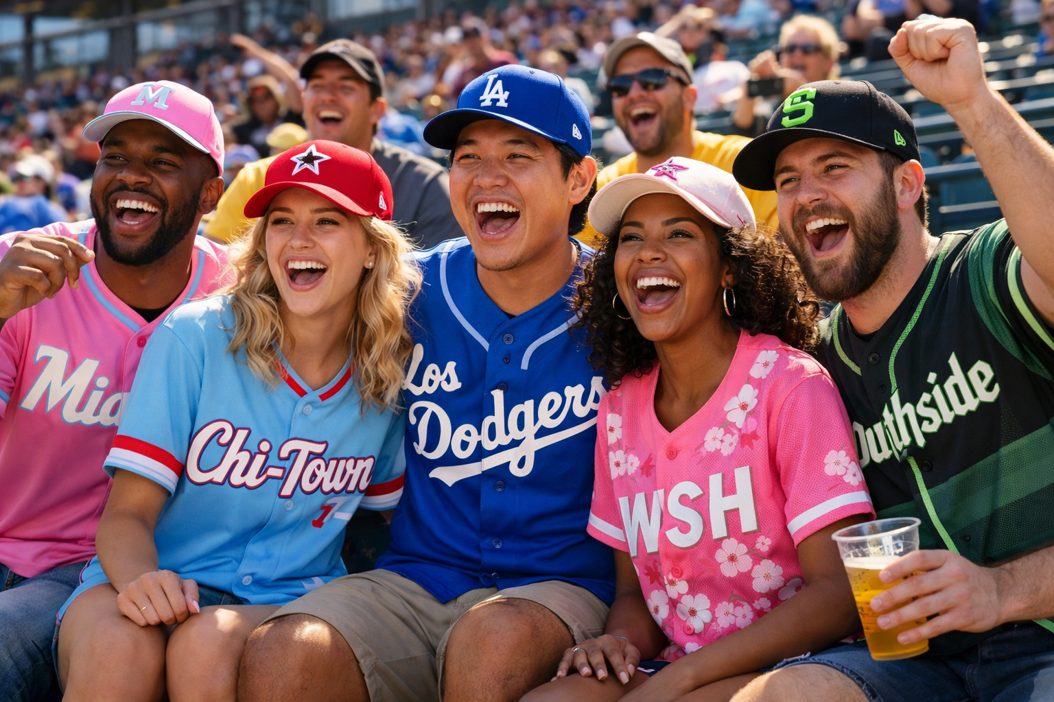 Fans wearing different MLB City Connect jerseys cheering together at a stadium.