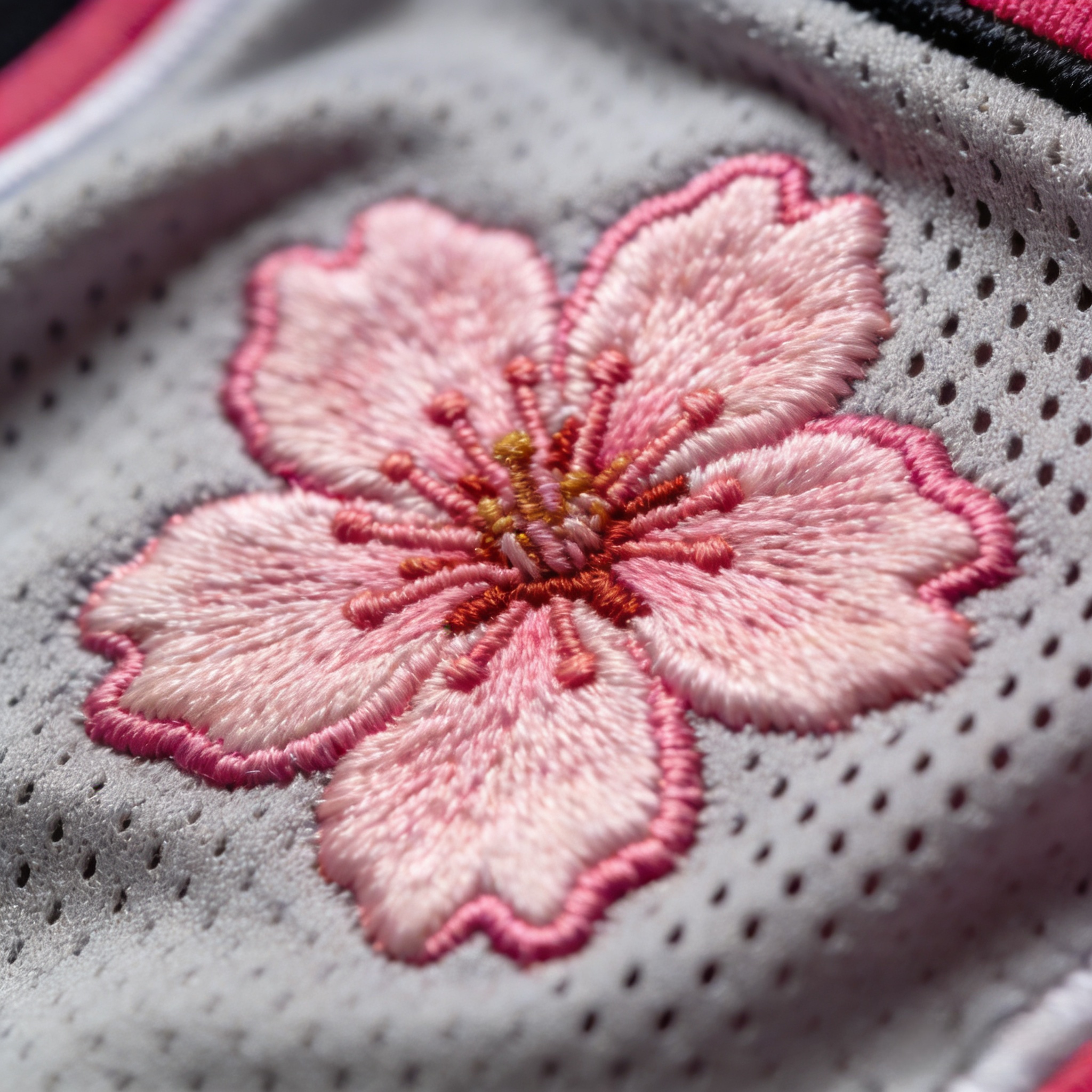 Macro close up of the pink cherry blossom embroidery on a Nationals jersey sleeve.