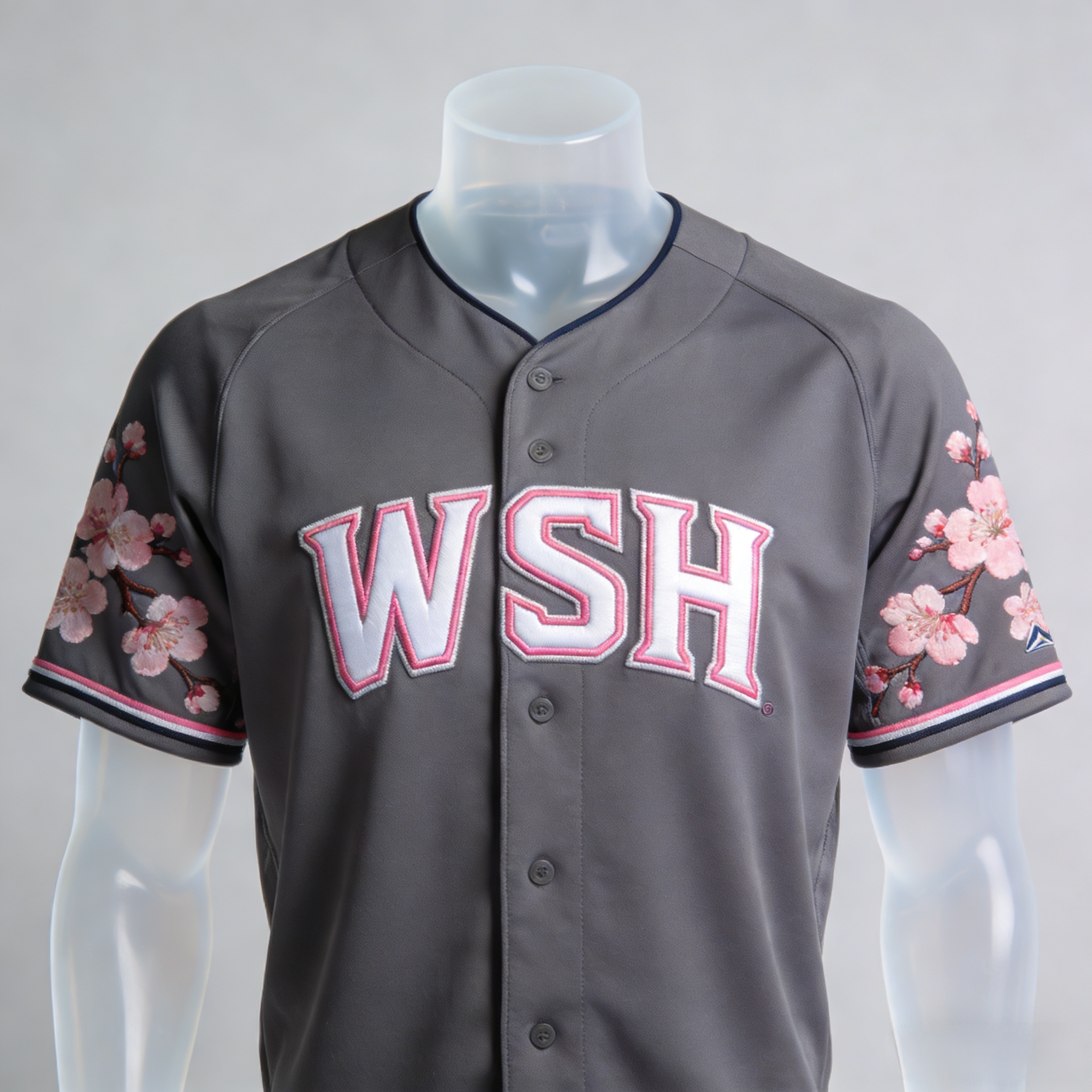 Washington Nationals City Connect cherry blossom jersey in grey and pink.
